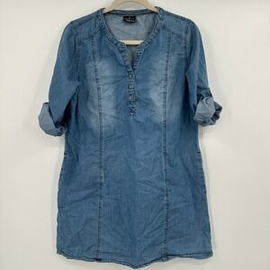 Jean Pascal Denim Tunic Dress Roll Tab Sleeves V Neck Button Front